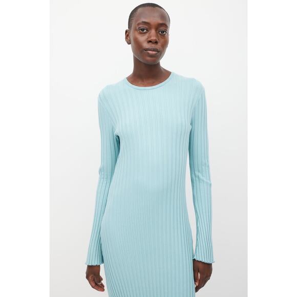SIMON MILLER Teal Light Blue Ribbed Long Sleeve Fitted Maxi Dress Size Medium - Picture 3 of 14